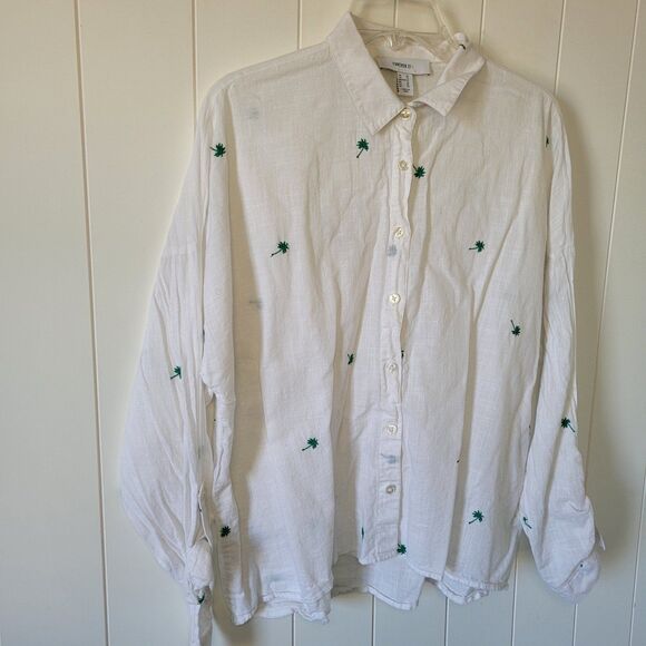 Forever 21+Top Womens Palm Print Button Up Shirt 0X Plus Size White Long Sleeve - Picture 2 of 6